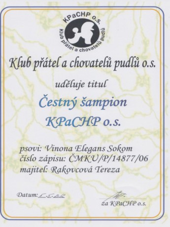 ČESTNÝ ŠAMPION Kpachp - splněny podmínky pro udělení titulu.
